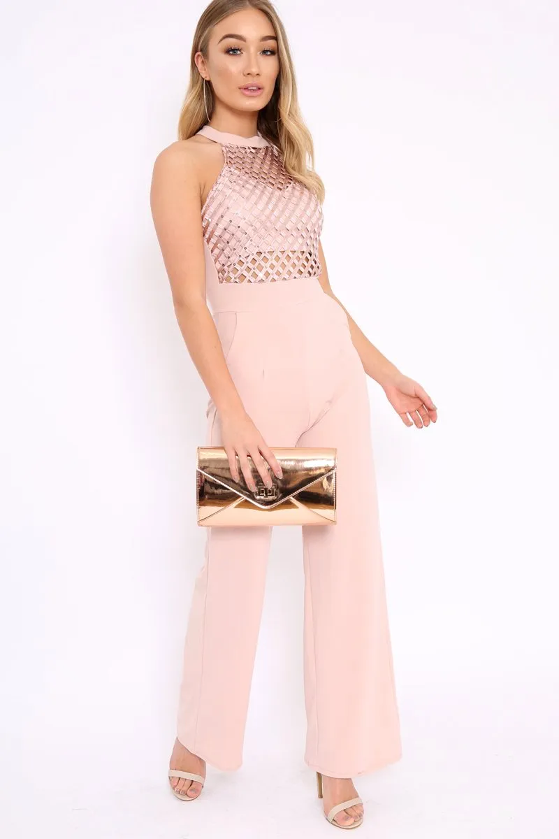 Nude Halterneck Cage Design Jumpsuit - Taaliah