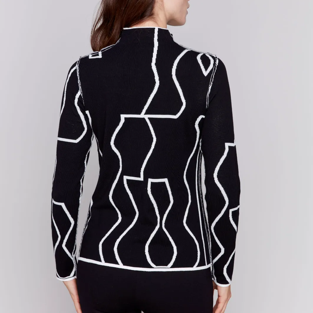 Reversible Jacquard Mock-Neck Fitted Sweater - Black & Cream