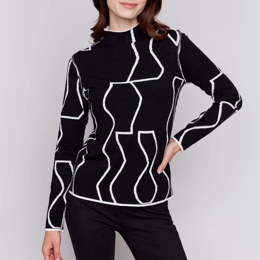 Reversible Jacquard Mock-Neck Fitted Sweater - Black & Cream