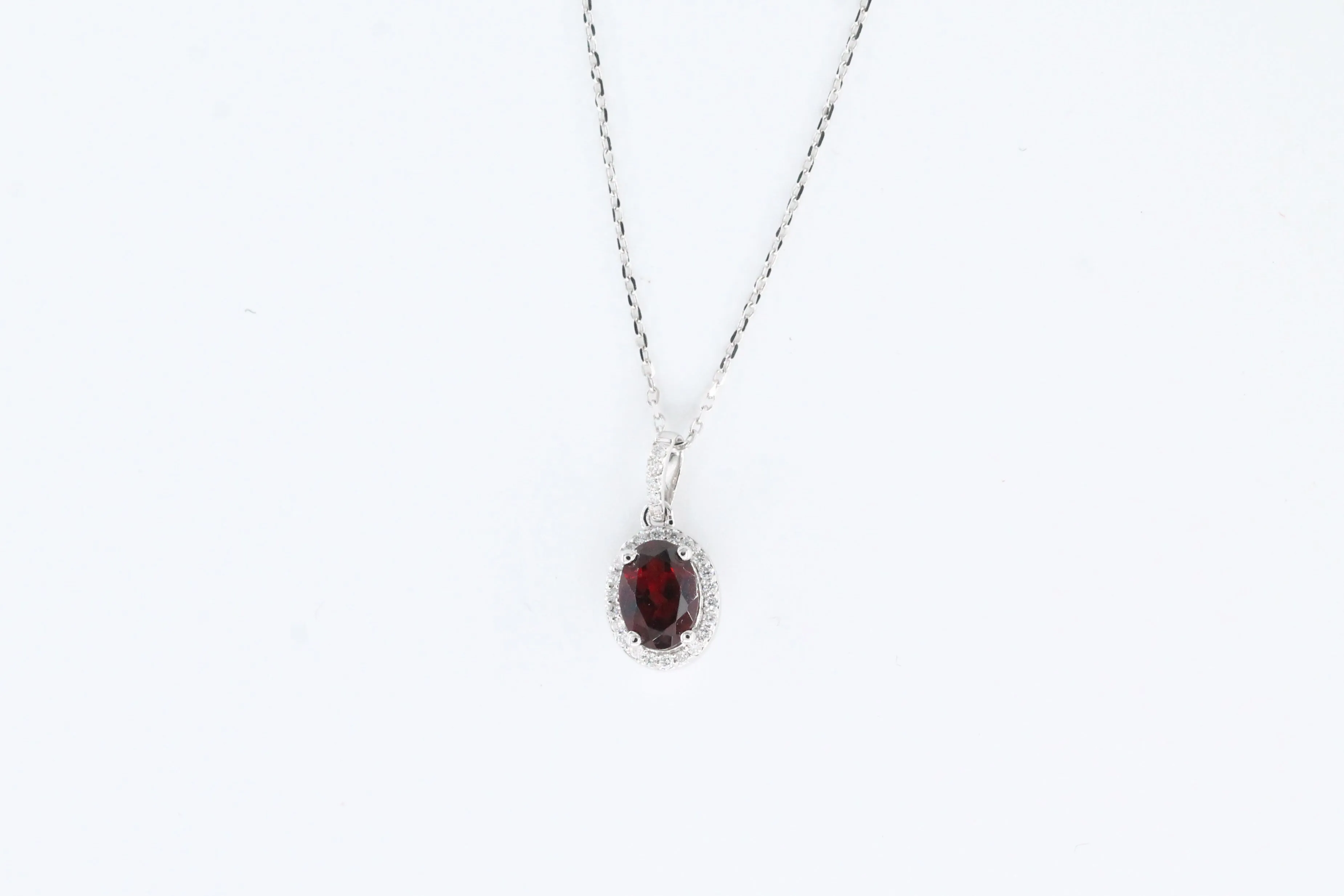 White Gold Garnet Pendant with Diamond Halo and Chain