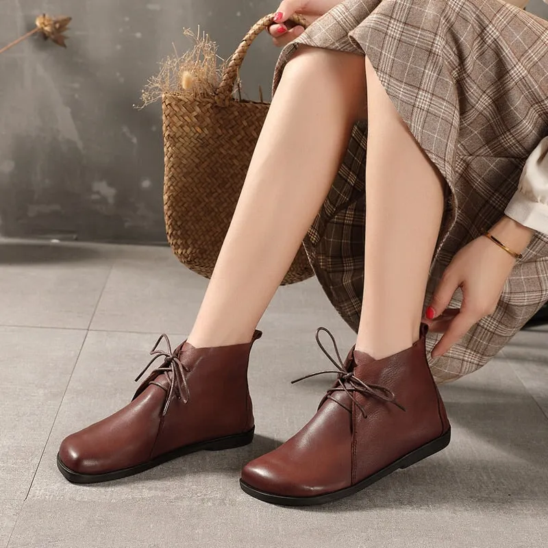 Womens Leather Barefoot Ankle Boots Soft Bottom Flat Round Toe Derby Boots Brown/Black